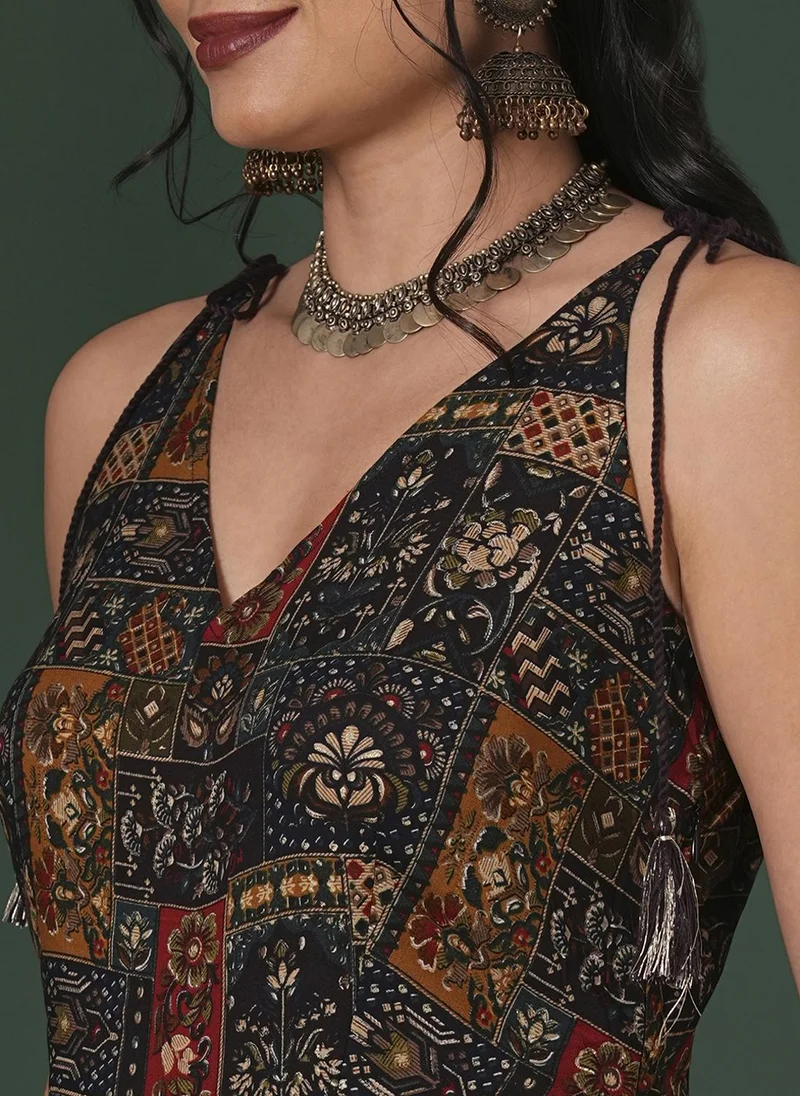 globus Blue Globus Women V-Neck Tassel Tie-Up Shoulder Straps Ethnic Floral Print Flared Fusion Jumpsuit for Women | Best Price UAE